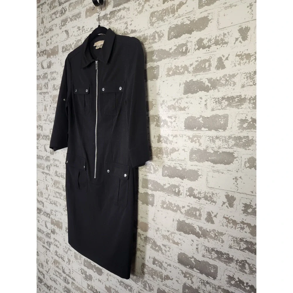 Michael Kors Shirt Dress Medium Black Zip Front Knee‎ Length Pockets Utility